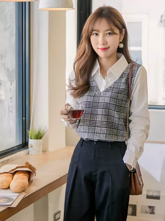Buy OBSTYLE Textured Plaid Tank Top with Patchwork Shirt Mock Two