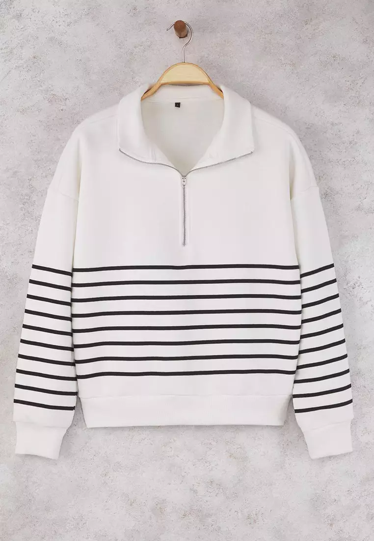 Ecru Striped Oversize/Wide Mold Zippered Thick Polar Fleece Knitted Sweatshirt