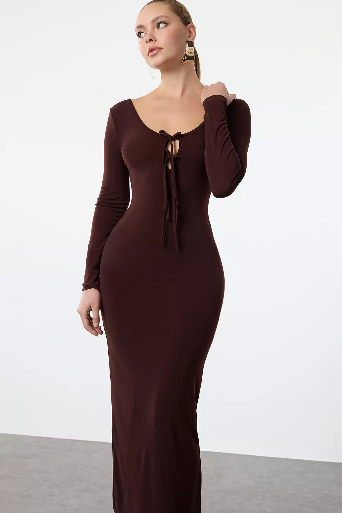 Brown Body-Styling With Chest Tie Detail Knitted Long Elegant Evening Dress