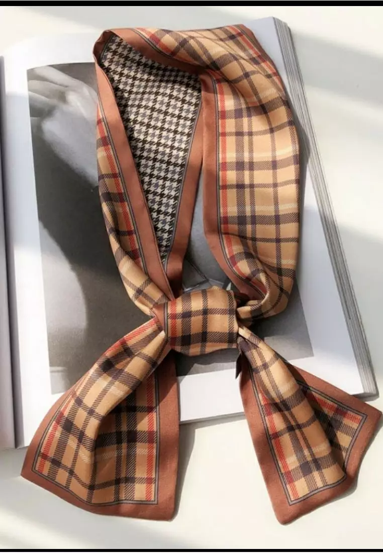 Aksesoris Wanita Double Side Checks Skinny Multi purpose Scarf Wanita Brown & Multi