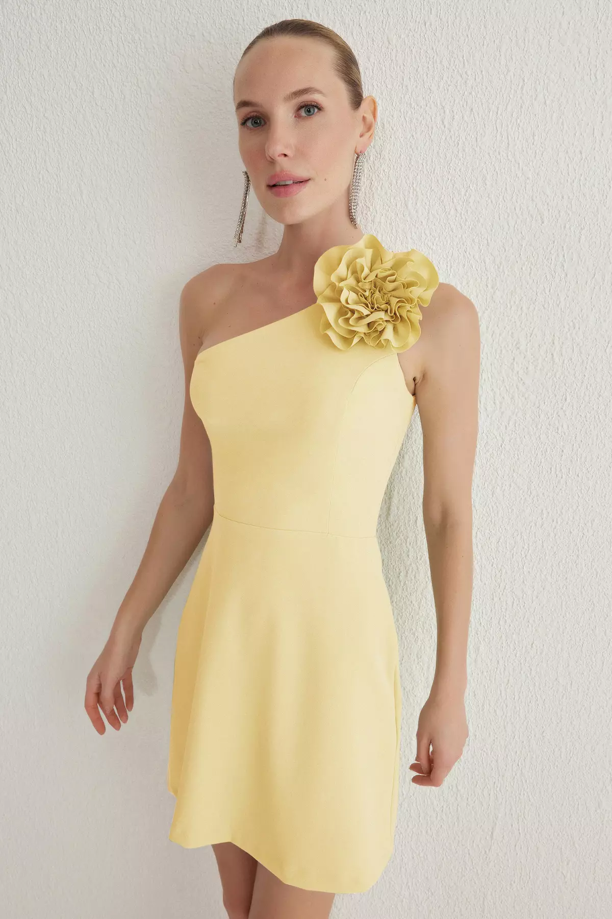 Yellow A-Line Detachable Accessory Detailed Woven Elegant Evening Prom Dress