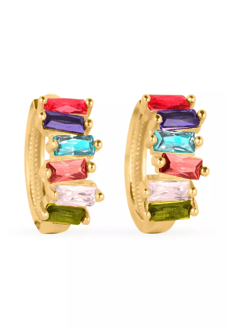 Colored Cluster Baguette Hoops 14k Gold