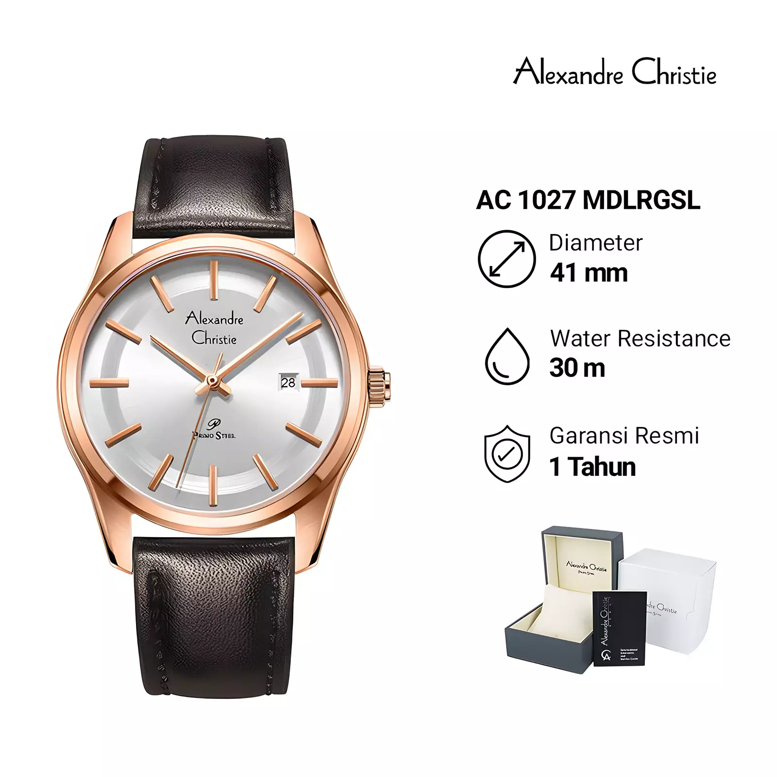 Alexandre Christie Primo Steel - Jam Tangan Analog Pria - Rose Gold Case - Brown Leather Strap - 1027 MDLRGSL