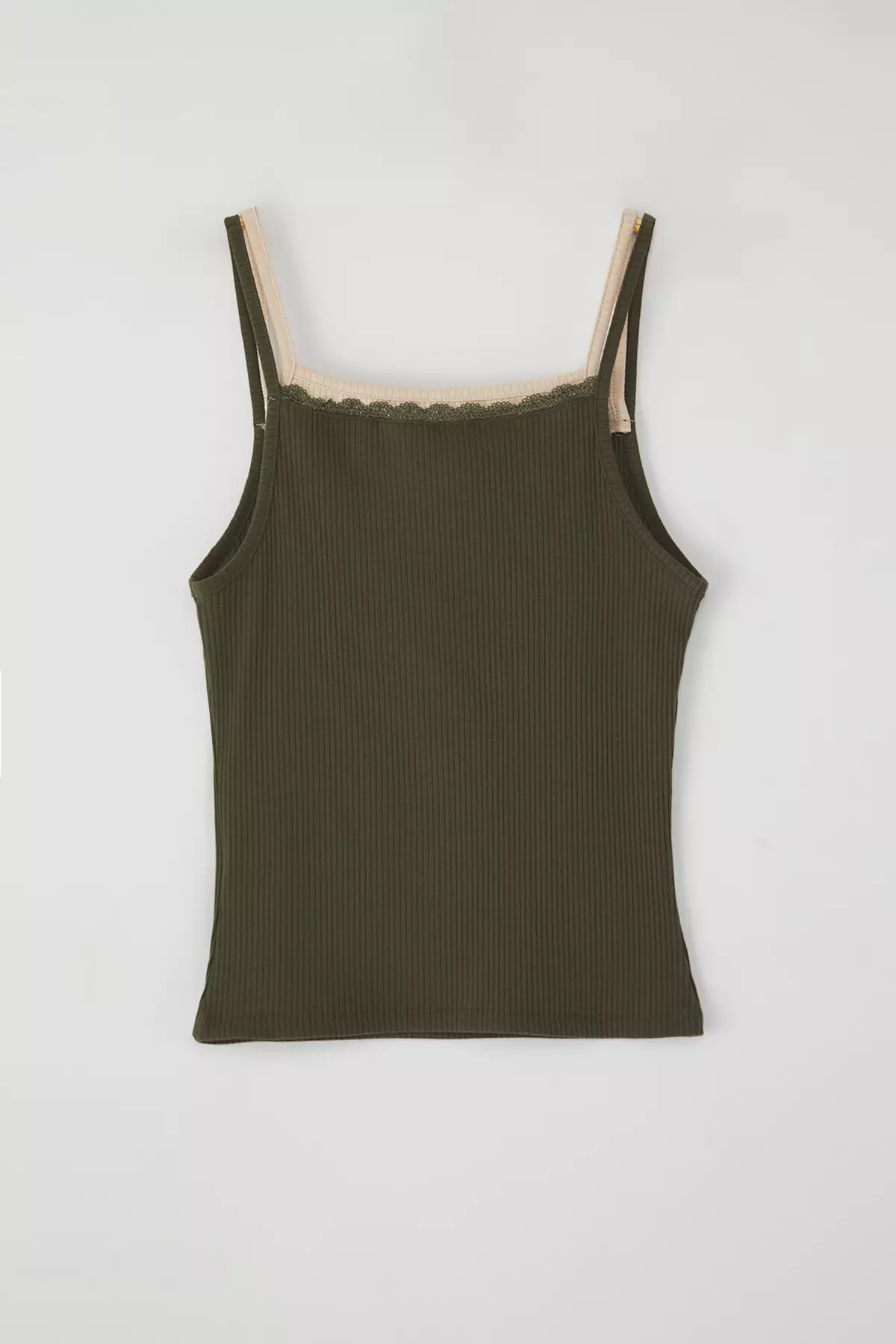 Khaki Double Layer Lace Detail Ribbed Fitted/Body-Smoothing Knitted Undershirt TWOSS25AL00035