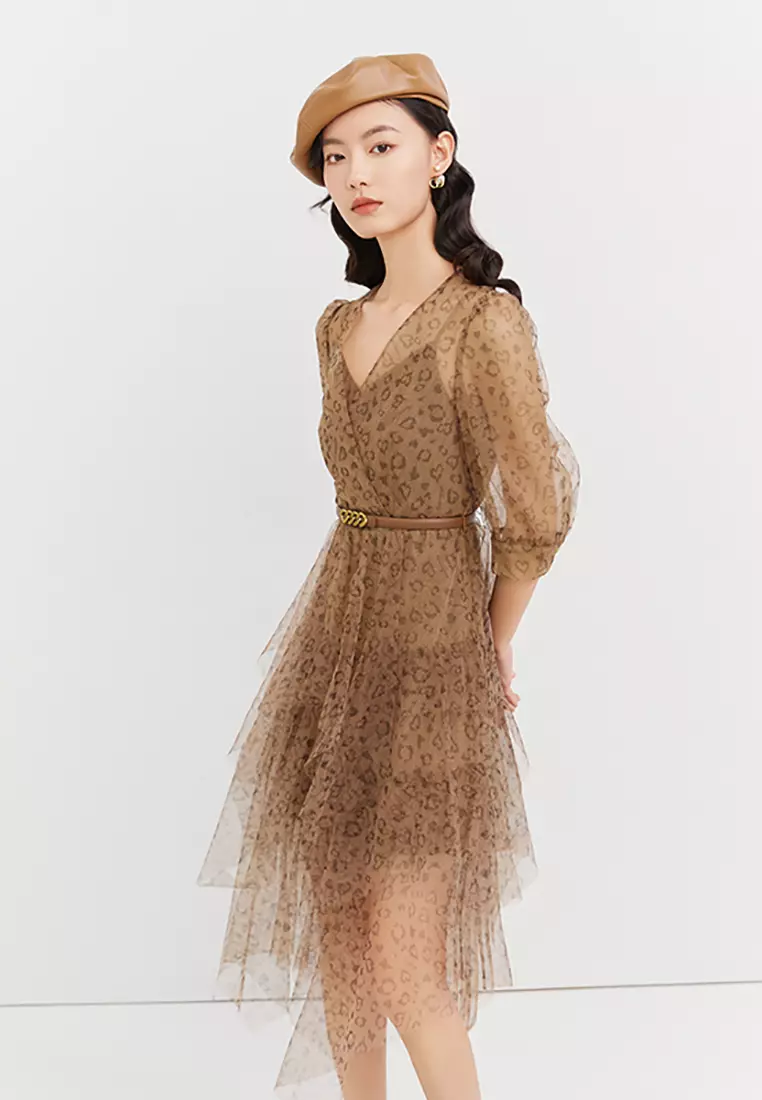 V-Neck Layered Flare Tulle Dress with Belt