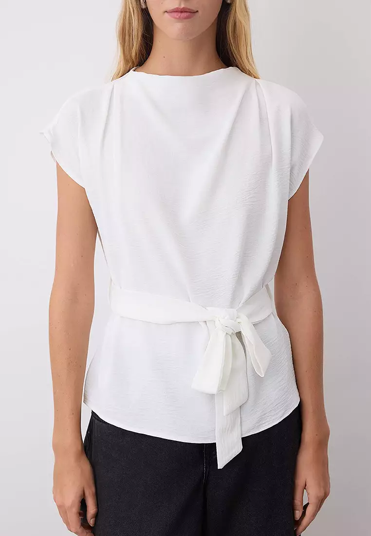 White Sleeveless Belted Woven Blouse