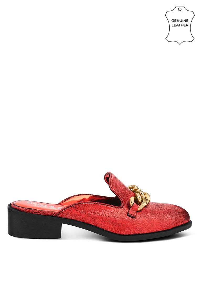 Metal Chain Red Leather Mules