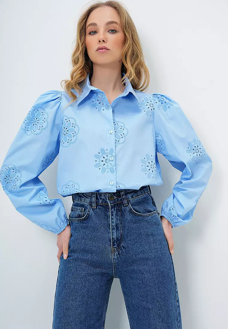 Women's Baby Blue Guipure Woven Premium Shirt Alc-X4366
