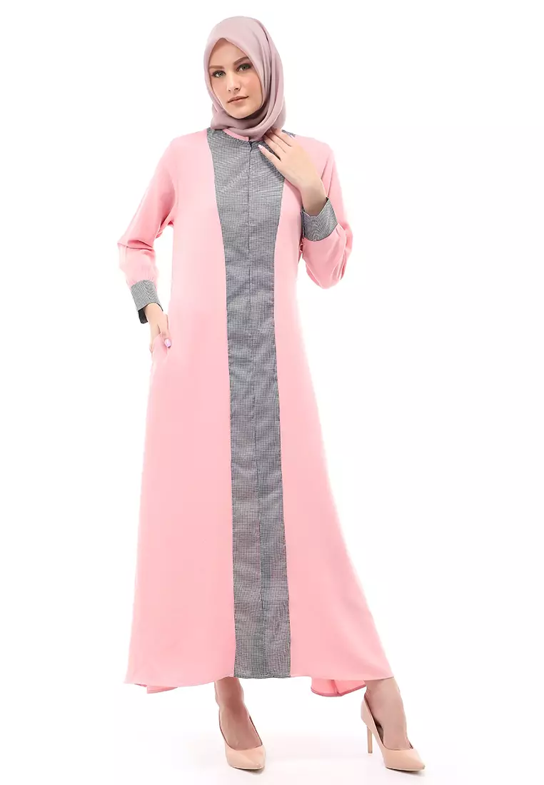 Nadira Gamis Long Dress Wanita Motif Polos Regular Fit - Pink
