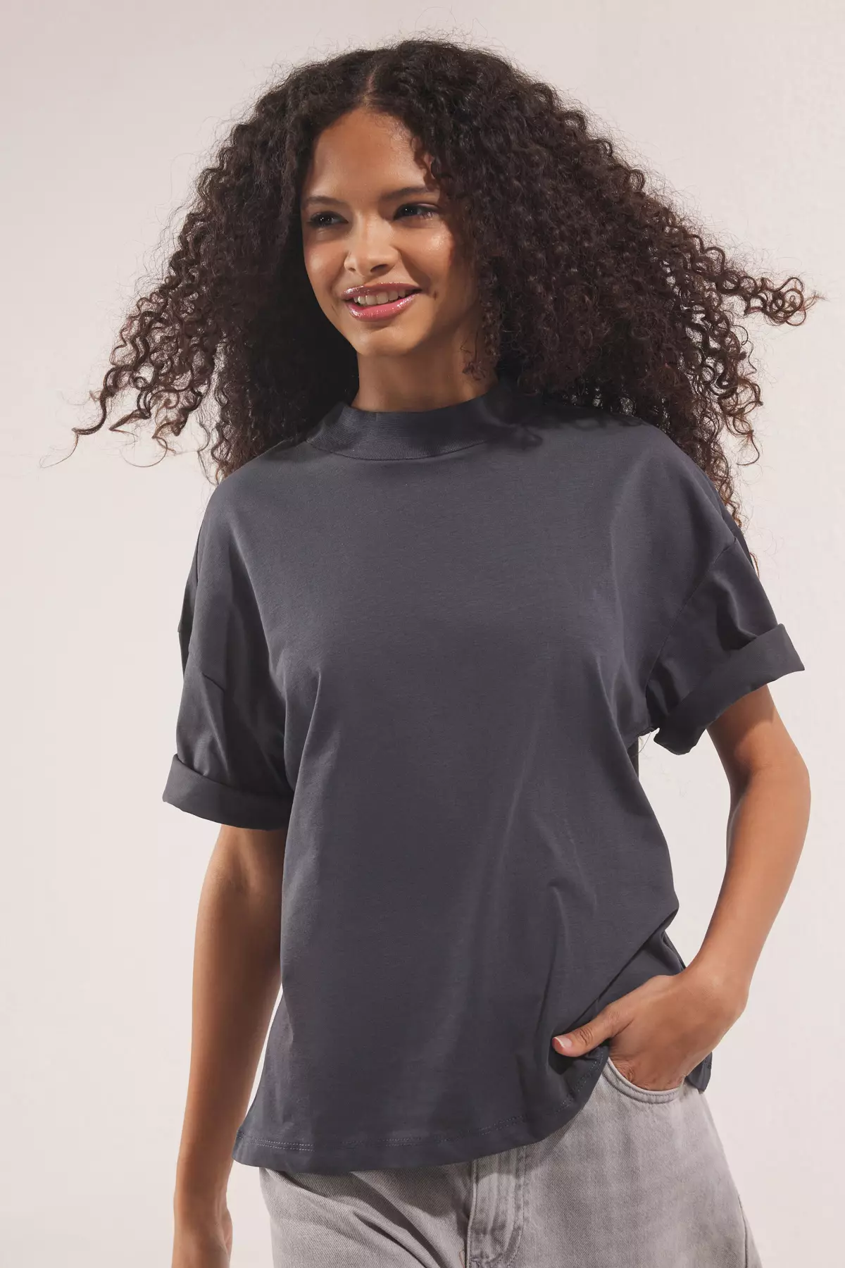 Anthracite 100% Cotton Stand Collar Three Quarter Sleeve Knitted T-Shirt TWOSS24TS00074