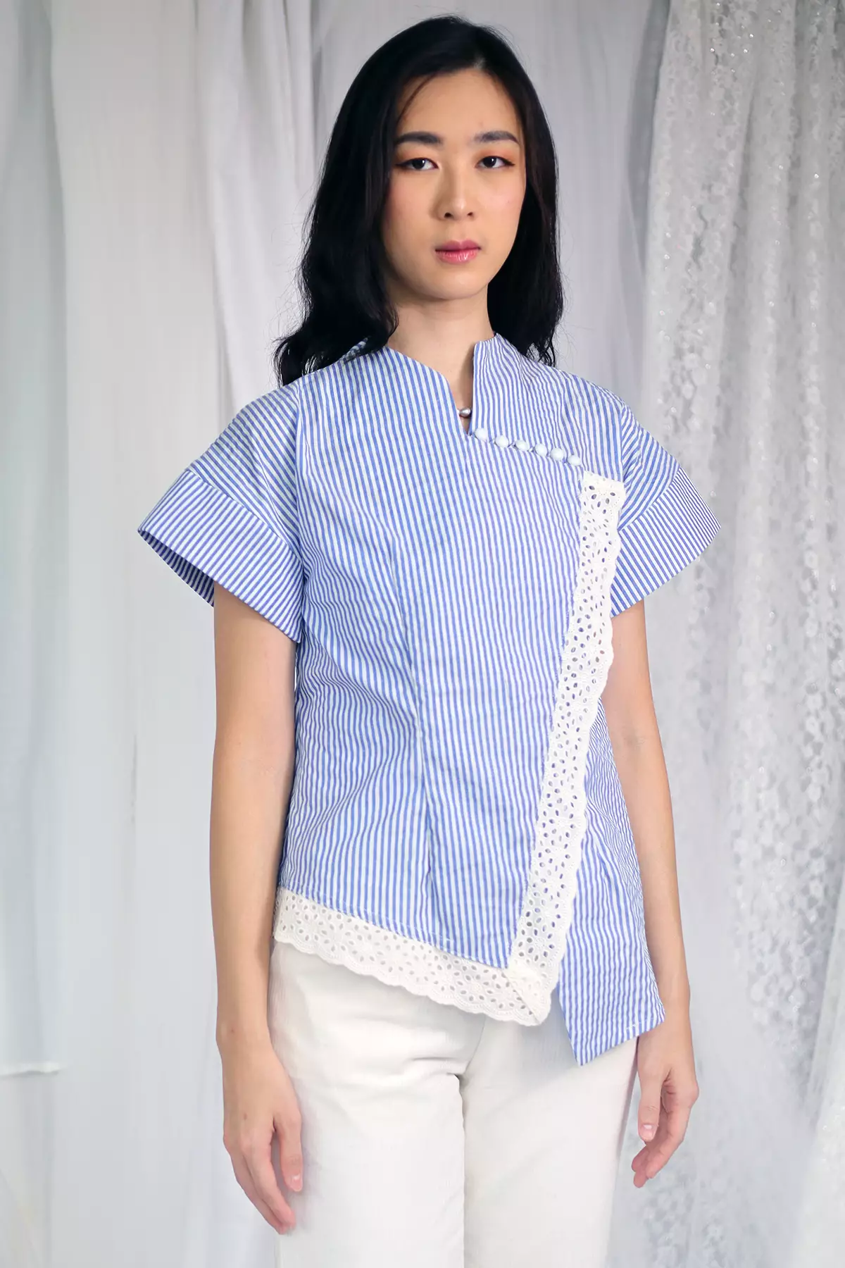 Serodja High Neck Blue Stripes Kebaya Janggan