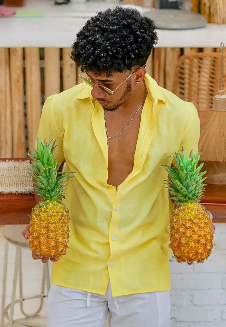 Pineapple Kemeja Linen Lengan Pendek Pria kuning | Linen Short Sleeve Shirt Men Yellow