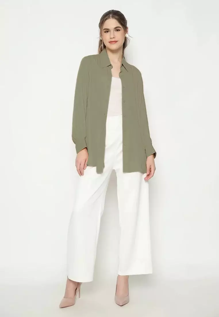 Plain Shirt Sage Green With Long Sleeve By Brilliant Girl Warna HIJAU