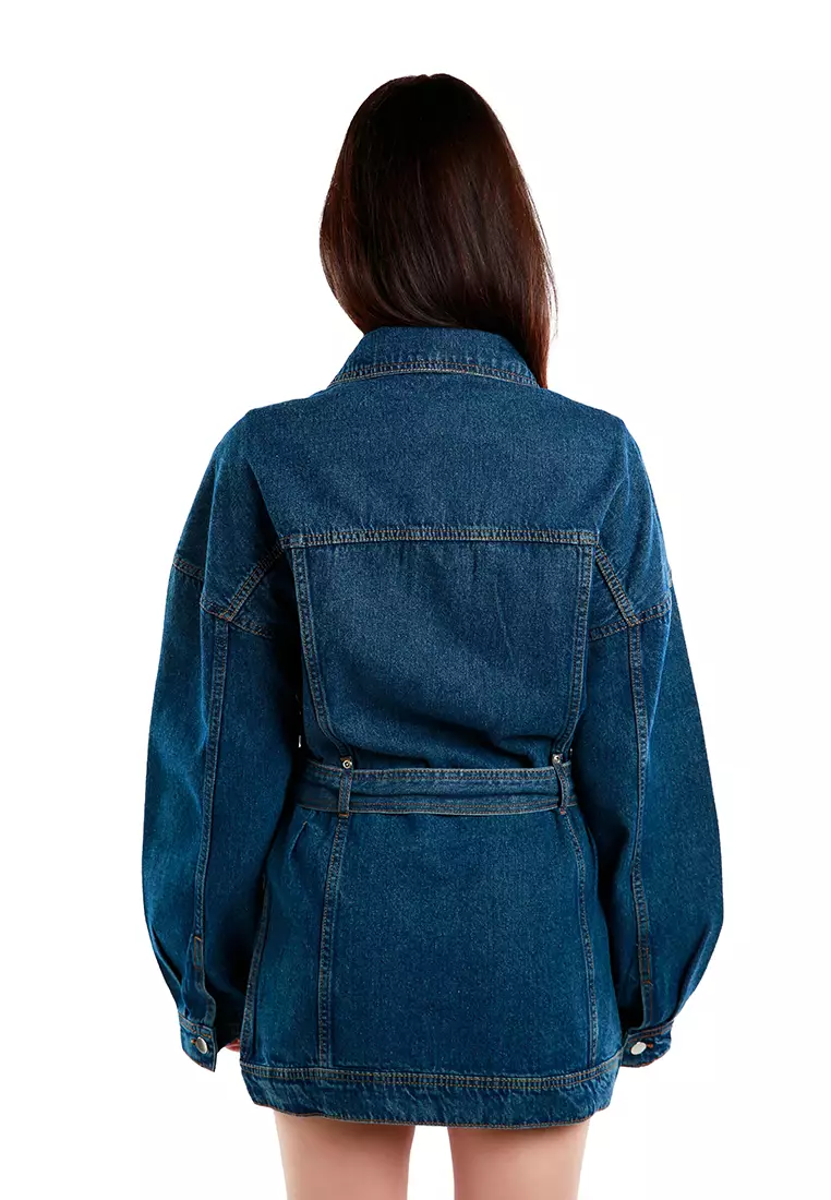 Mid Blue Long Belted Denim Jacket