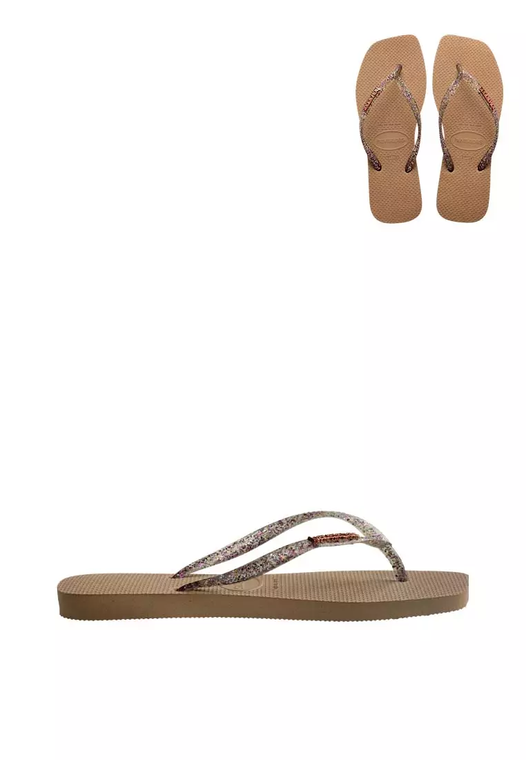 Women Slim Square Logo Metallic - Rose Gold Flip Flops