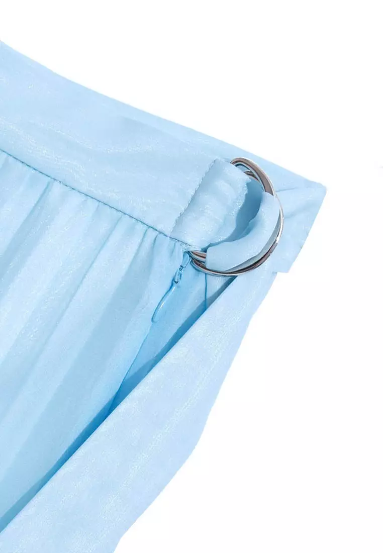 Blue Pleated Chiffon Skirt With Contrast Floral Print