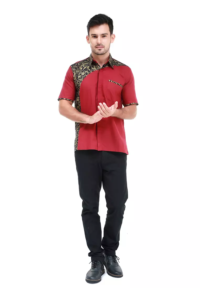 Dwan Kemeja Batik Pria Right Side Atasan Formal Shortsleeve Shirt Material Cotton ORIGINAL - Maroon