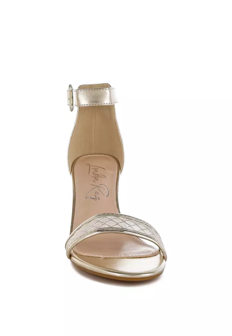 Metallic Faux Leather Kitten Heel Sandals In Gold