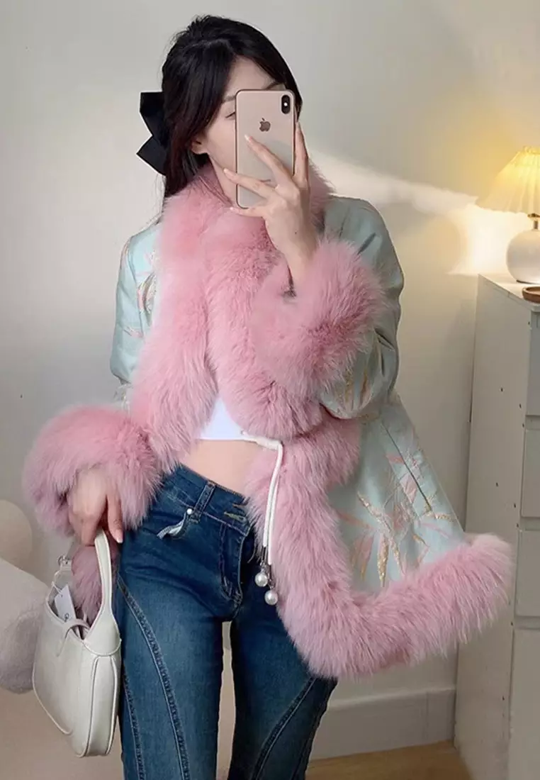 Palace style fox fur down jacket plate button embroidered fur jacket CA122710PI