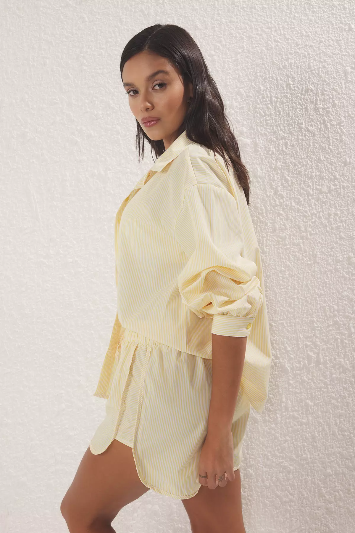 Yellow Striped Shirt Shorts Beach Set TBESS25AU00053