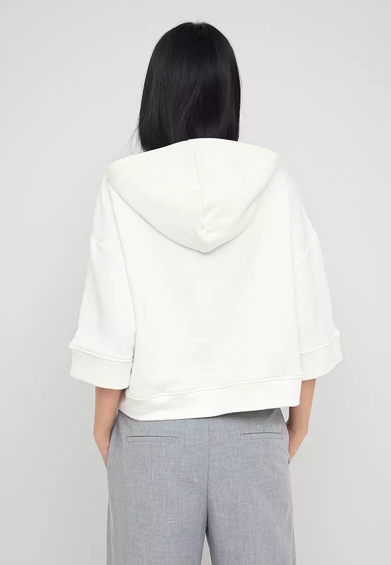 Ecru Hooded Zipper Detailed Three Quarter Sleeve Thick Knitted Sweatshirt Twoaw26Sw00024