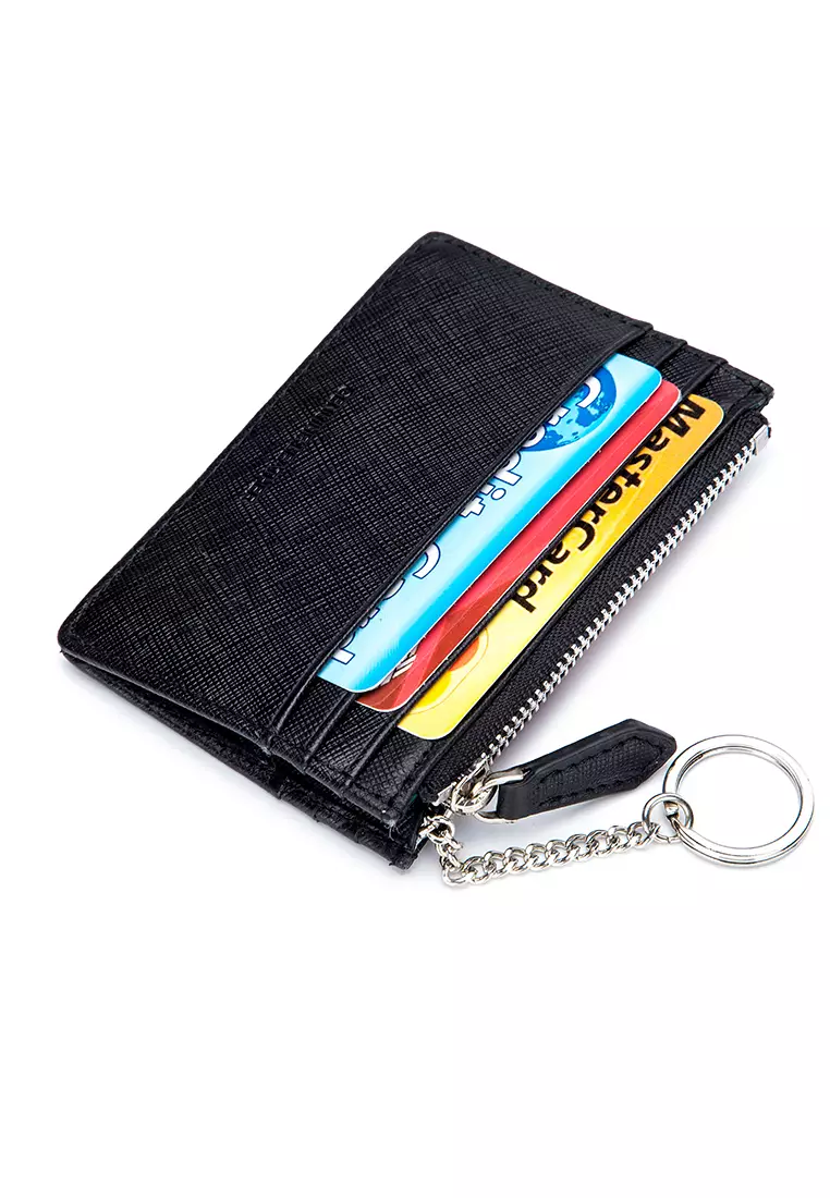 ENZODESIGN Saffiano Leather Card Holder Gusset Zip Pouch With Key Ring Attachment