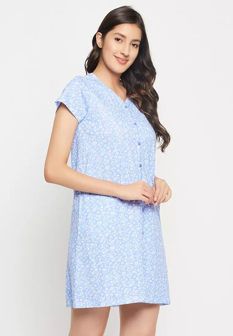 Buy Clovia Pretty Florals Button Down Night Dress in Baby Blue