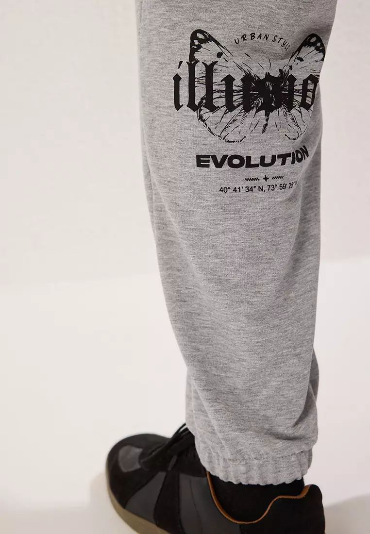 Gray Melange Oversize/Wide Cut Elastic Leg Butterfly Printed Sweatpants Tmnss25Ea00006