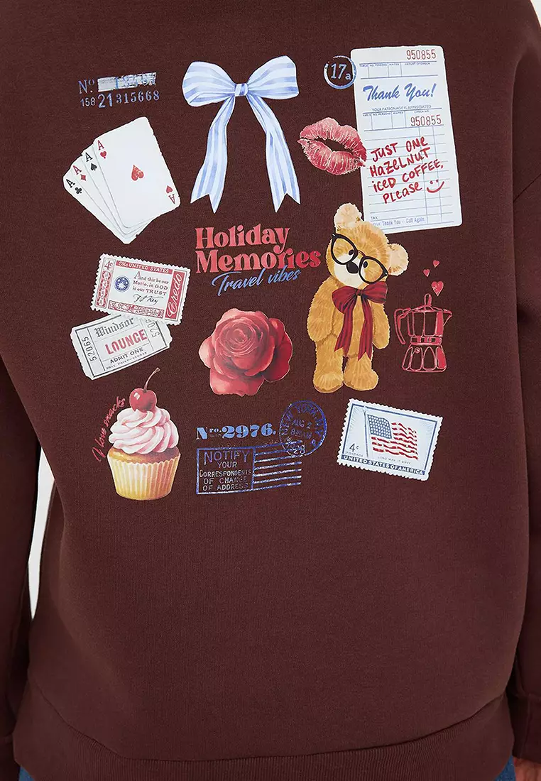 Teen Brown Back Printed Oversize Pattern Hooded Polar Fleece Knitted Sweatshirt
