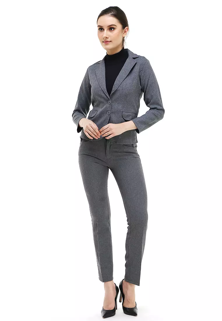 Nicrely Setelan Blazer Celana Wanita One Set Longsleeve Suit Long Pant Material Semi Stretch ORIGINAL - Gray