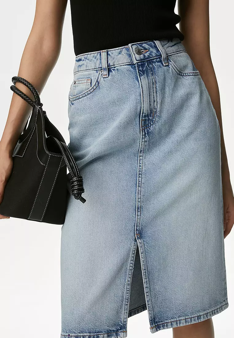Denim Split Front Knee Length Skirt