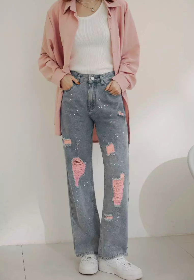 Contrast Splatter Paint Distressed Cotton Denim Jeans [BA7439]