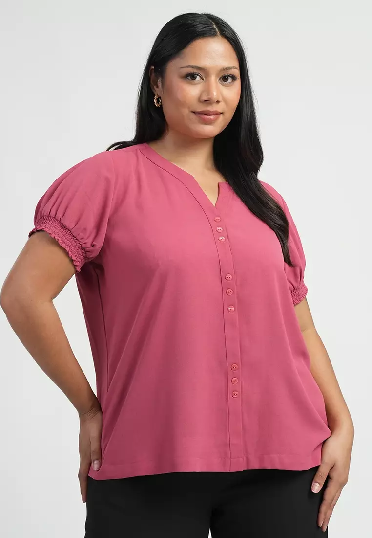 Milly Plus Size Sherina Smocked Sleeve Button-down Blouse