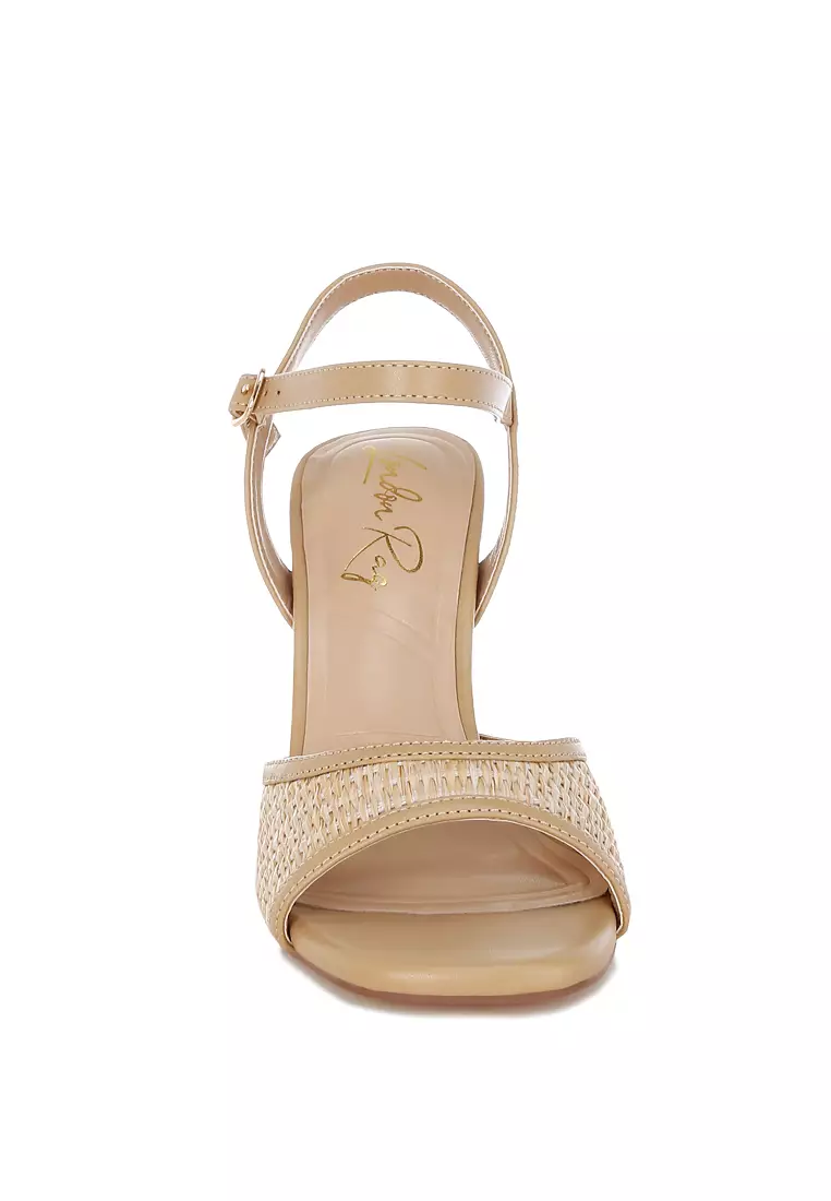 Raffia Square Toe Stiletto Heels In Beige