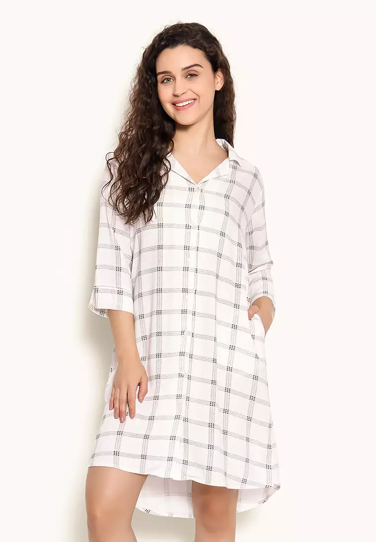 Clovia Classic Checks Button Down Sleep Shirt in White Rayon