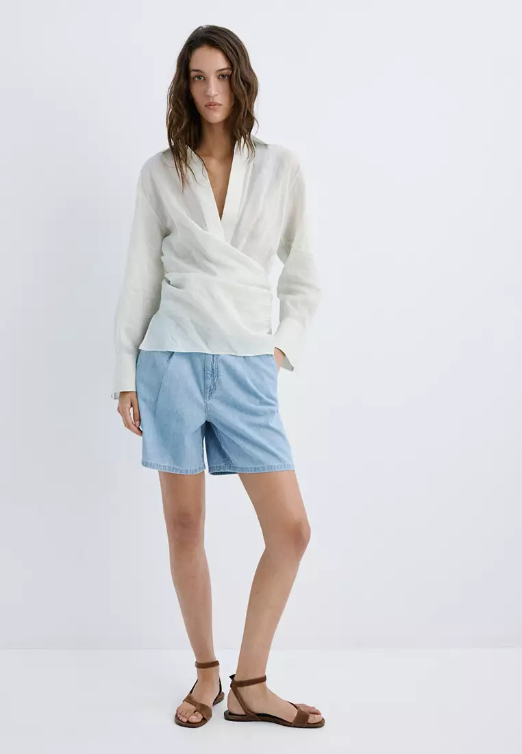 Mid-Rise Denim Bermuda Shorts With Pleats