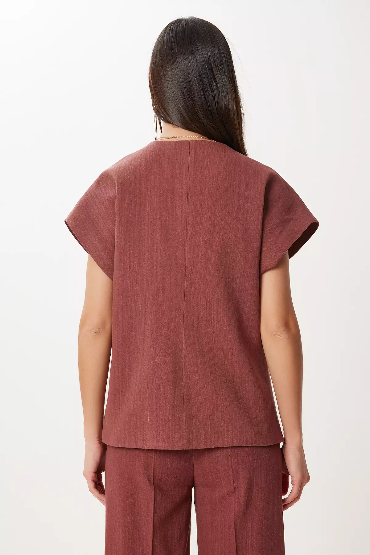 Women Tile Stylish Buttoned Linen Blouse Pants Suit No00029