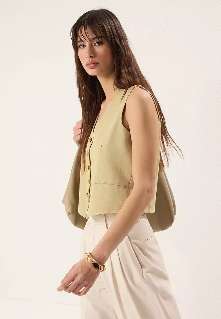 Khaki Oversize V Neck Linen Look Oversize Waistcoat  TWOSS25YE00085