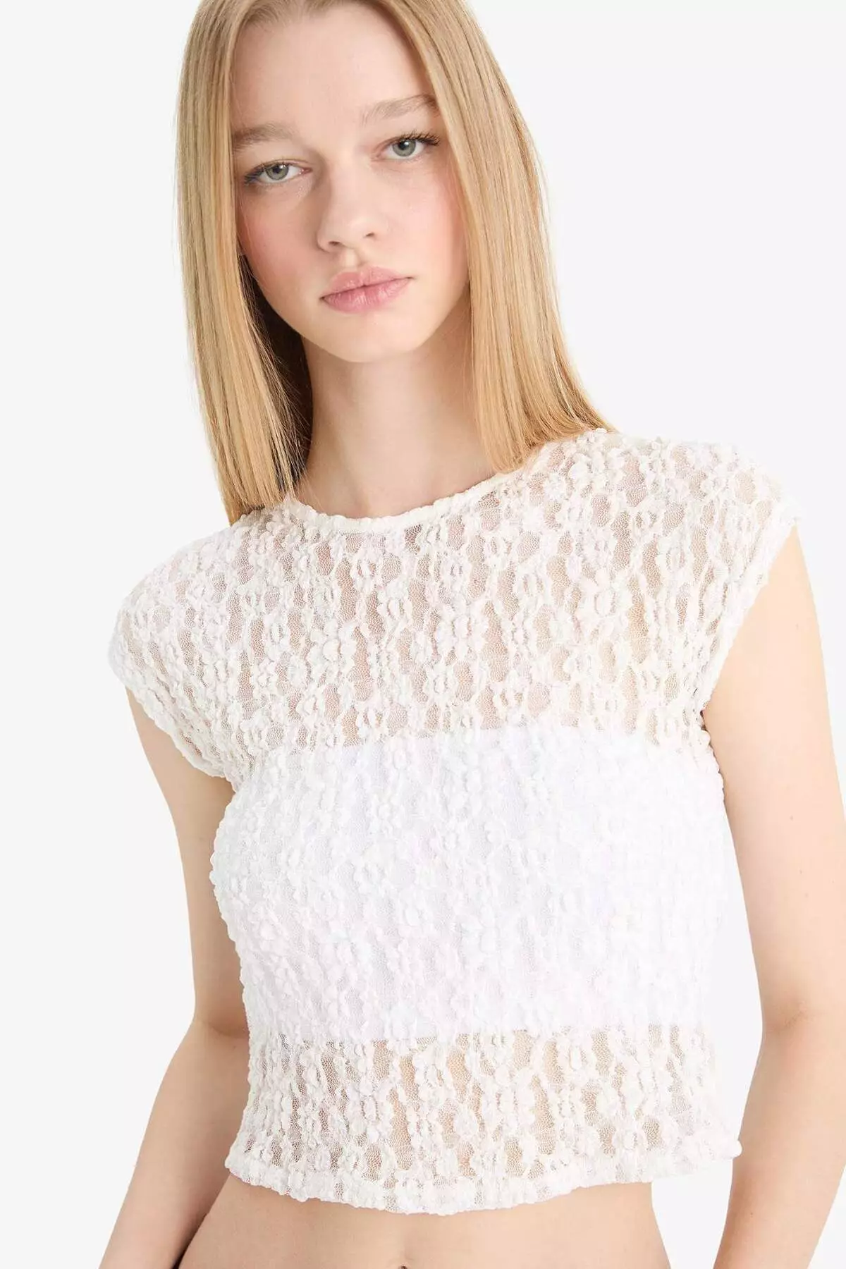 Coool Fitted Crop Lace Short Sleeve White Blouse F1778Ax25Sm