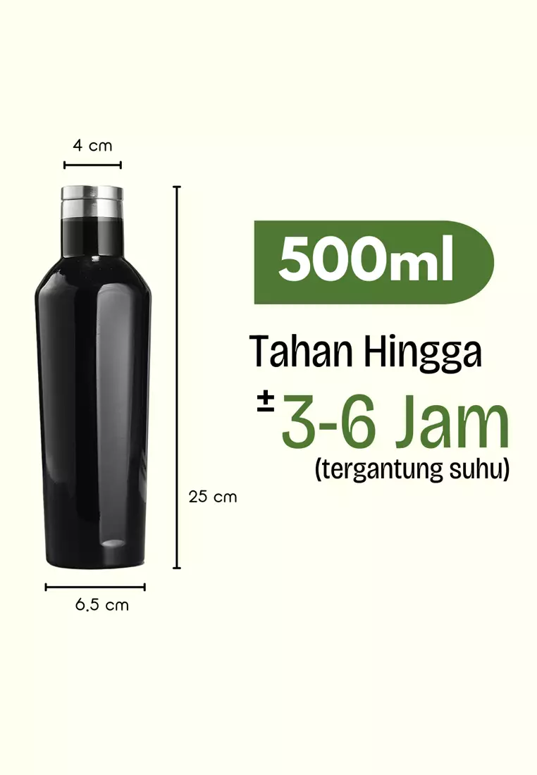 Wakakids Botol Minum Termos Stainless Steel Tumbler Premium Simple Polos Glossy Vacuum Insulated 500ml K132 Venjr Hitam