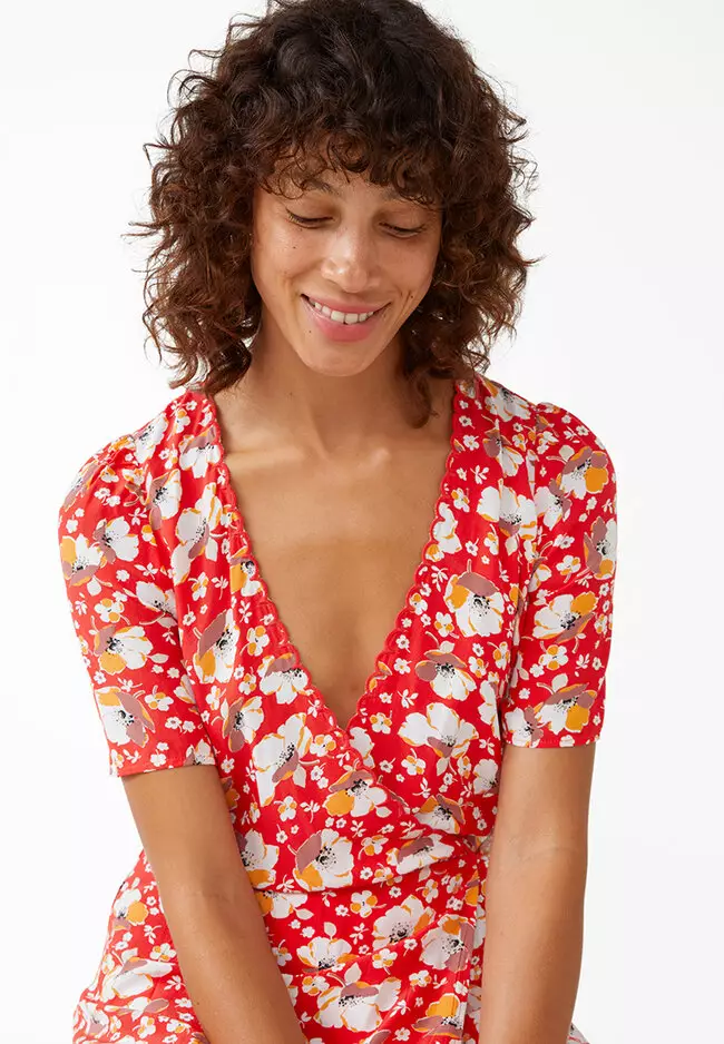 Printed Scallop Wrap Mini Dress