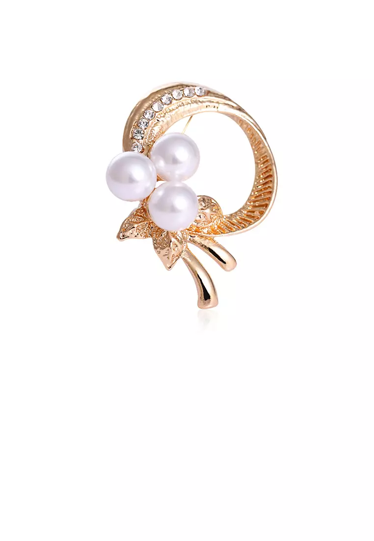 Elegant and Simple Plated Gold Floral Imitation Pearl Brooch with Cubic Zirconia Luxurious Look