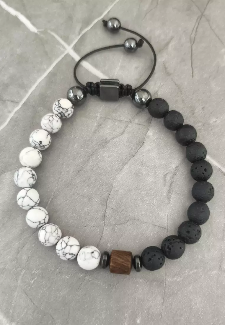 Aksesoris Gelang Pria Macrame Wooden Stump Center Howlite & Lava Stones Bracelet Black & White
