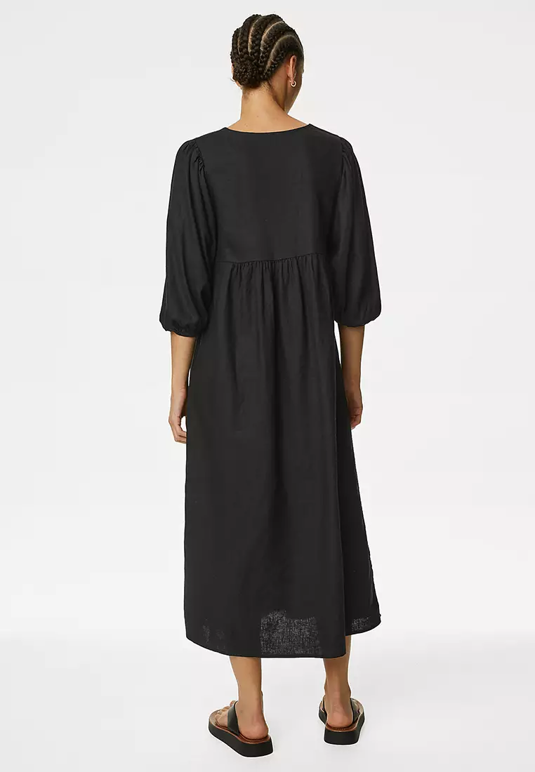 Linen Rich V-Neck Midi Beach Dress