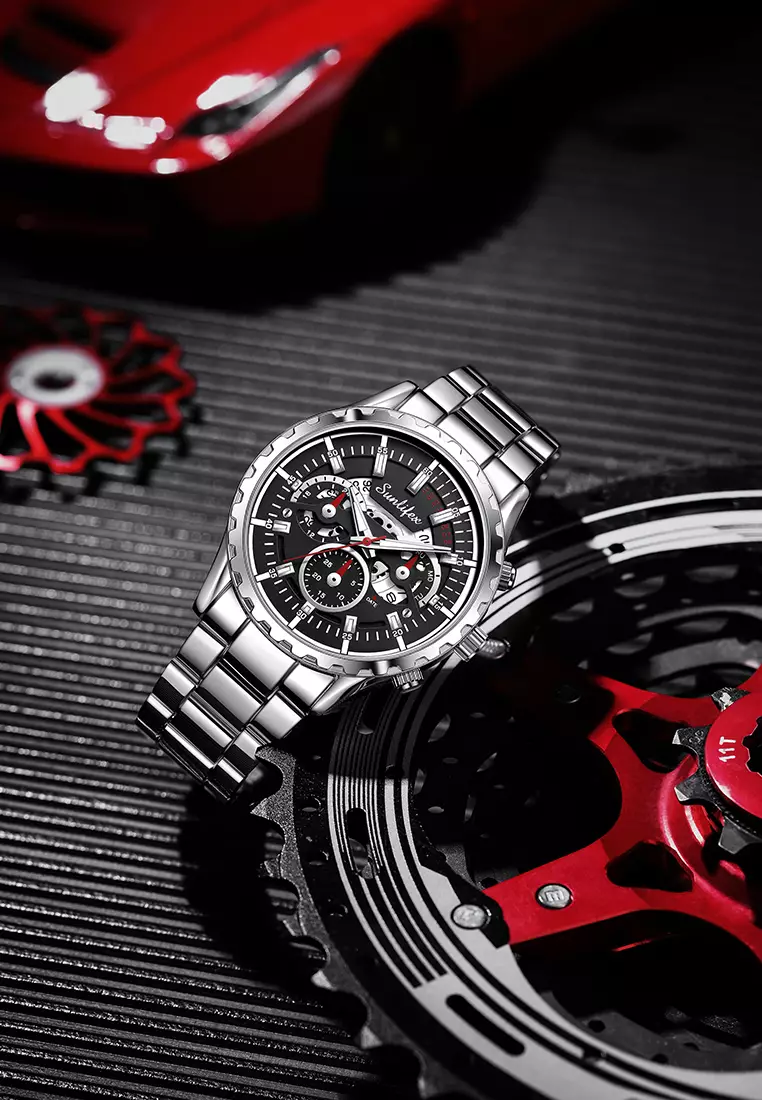 Jam Tangan Pria 8081 Kuarsa Hollow Design Kalender Tali Stainless Steel Jam Tangan Cowok Silverblack