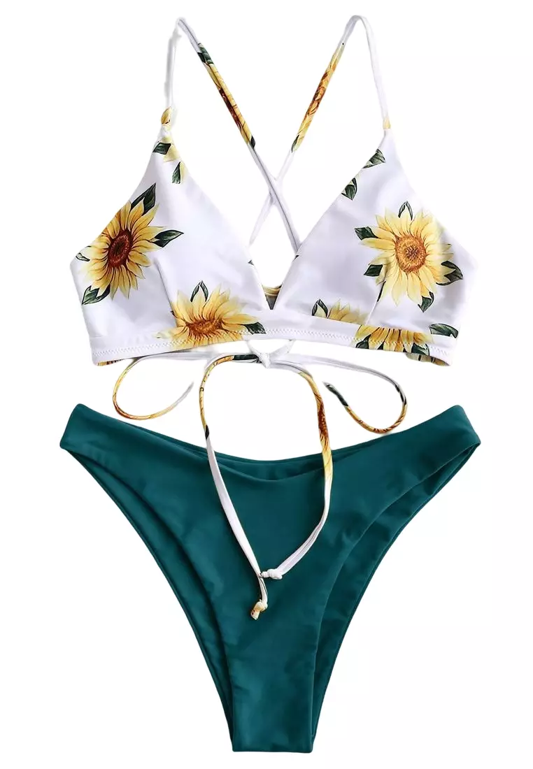 Sunflower Print Strappy Sling Bikini Set