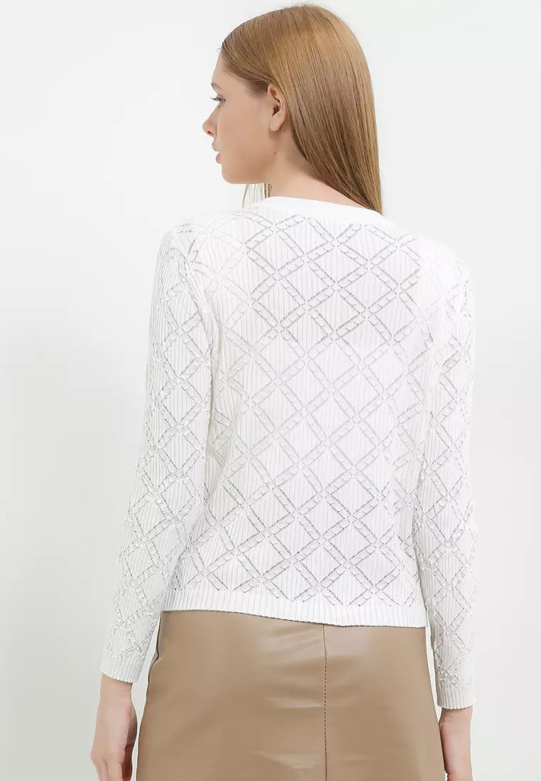 L/S Diamond Pattern Knit Cardigan W/ Rose Buttons