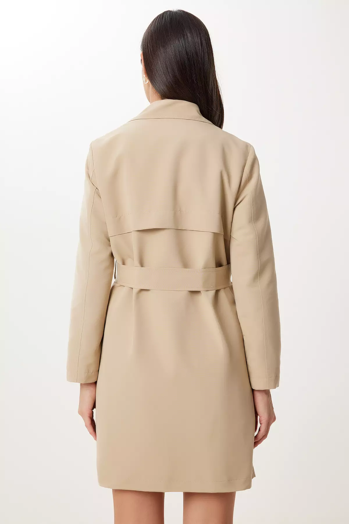 Women's Beige Belted Short Woven Trench Coat Gp00027
