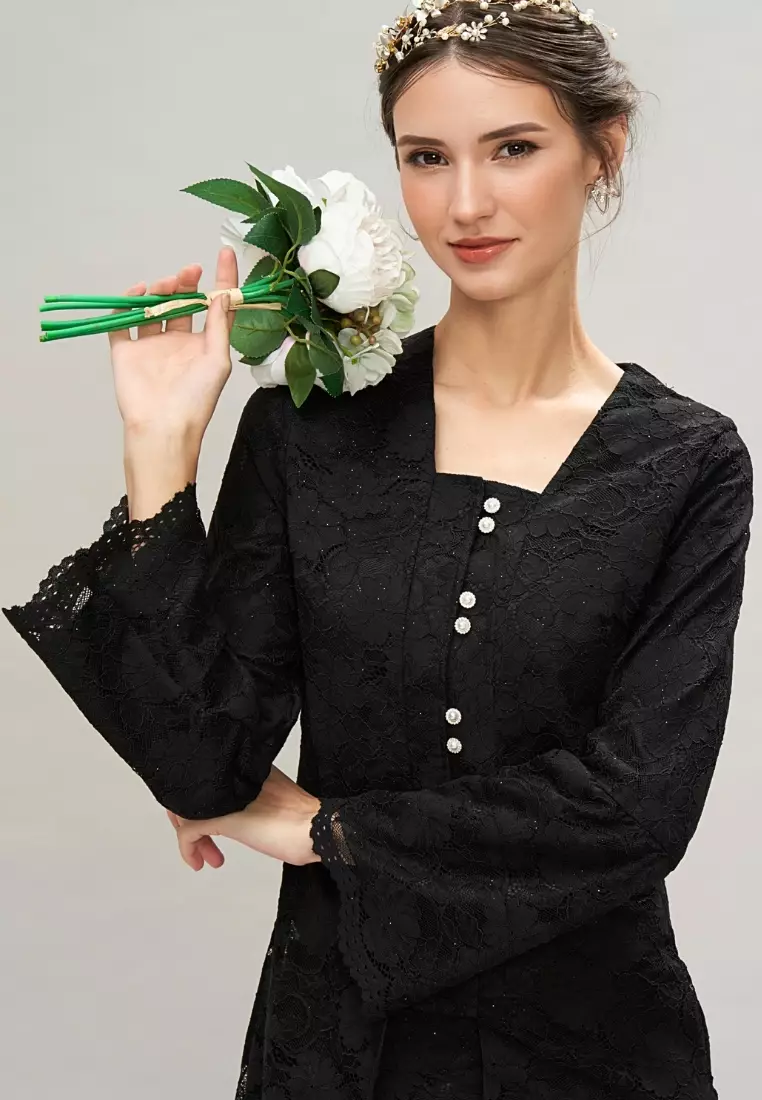Loveaisyah Black Lace Puff Sleeve Modern Kebaya and Maxi Lace Skirt Hari Raya