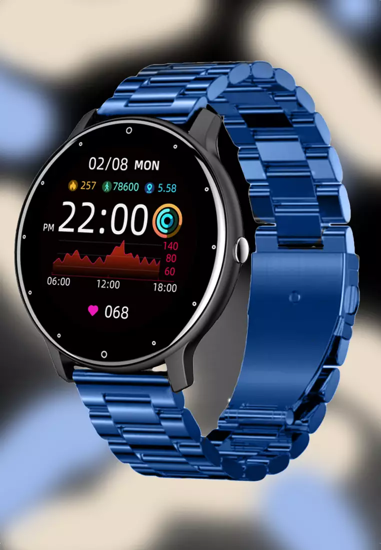 Unisex IOS/Android Black SmartWatch with IP Blue Stainless Steel Bracelet + 1 Free Black Rubber Strap